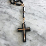 Victorian Onyx and Natural Pearl Cross Necklace-Charlotte Sayers Antique Jewellery