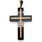 Victorian Onyx and Natural Pearl Cross Necklace-Charlotte Sayers Antique Jewellery