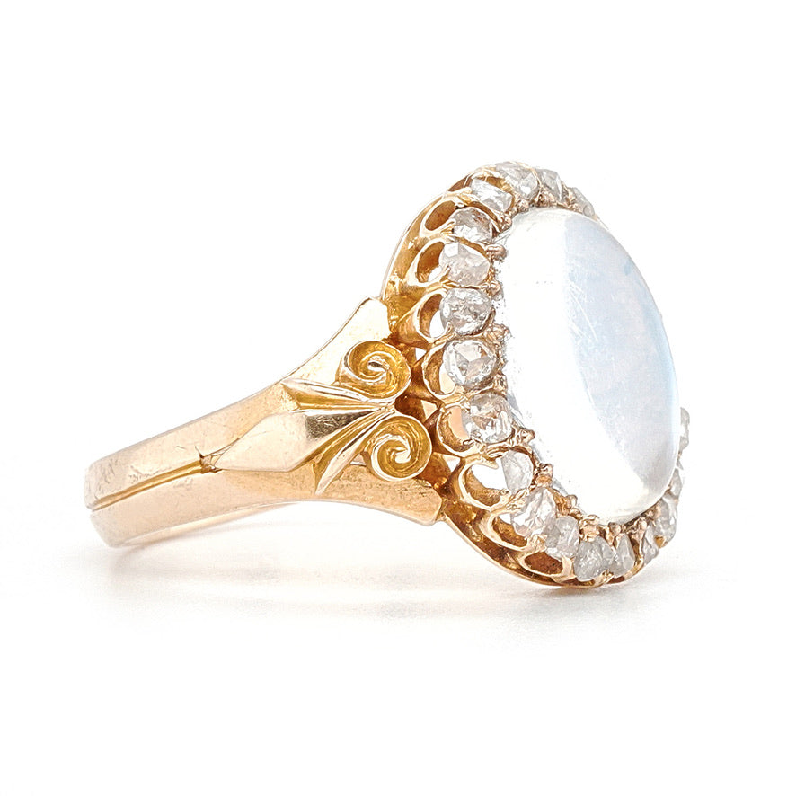 Victorian Oval Moonstone Ring Surrounded by Diamonds-Charlotte Sayers Antique Jewellery