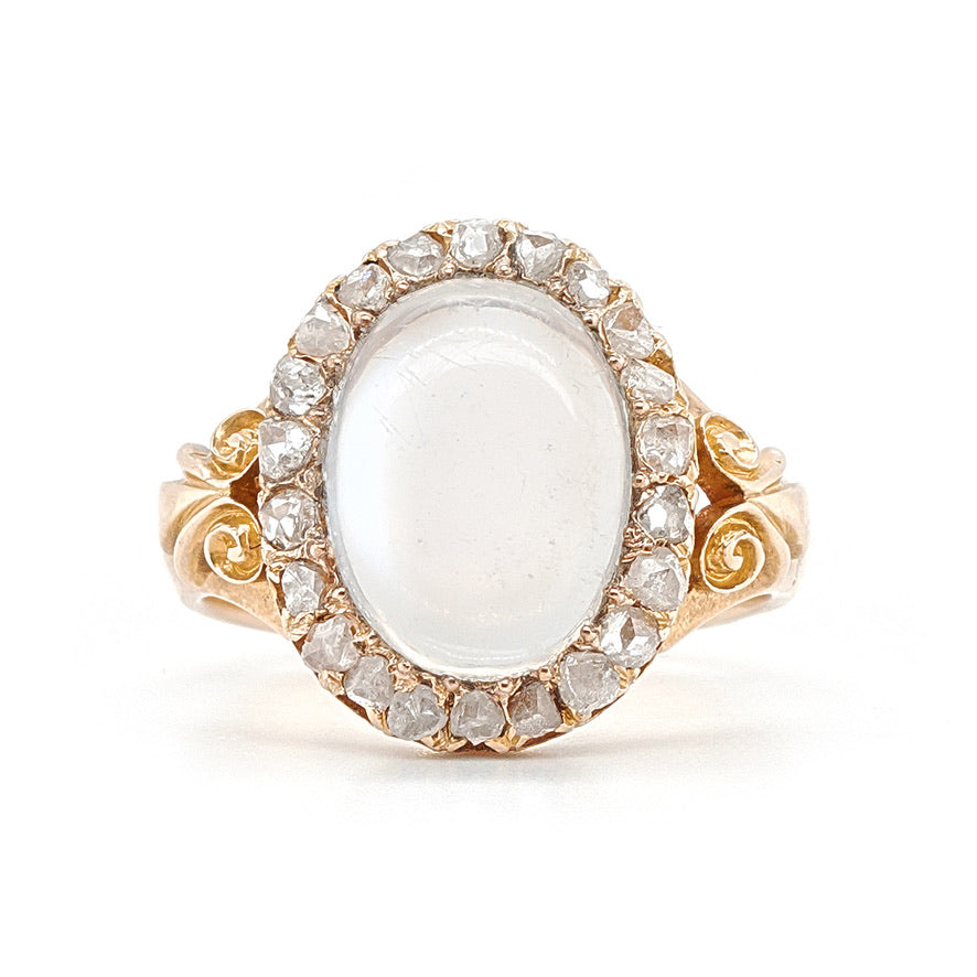 Victorian Oval Moonstone Ring Surrounded by Diamonds-Charlotte Sayers Antique Jewellery