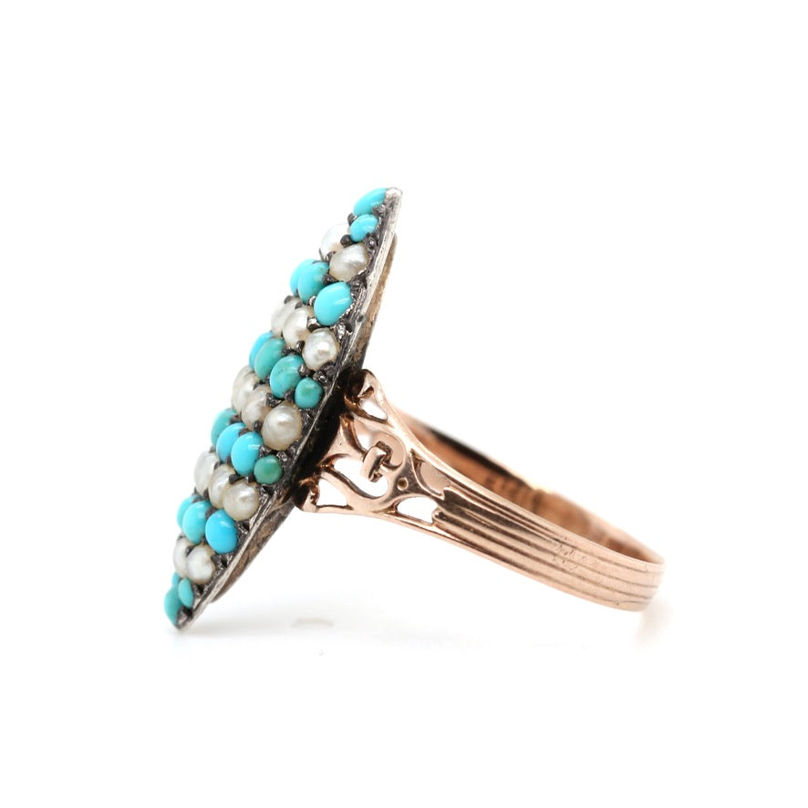 Victorian Pavé Turquoise and Natural Pearl Ring-Charlotte Sayers Antique Jewellery