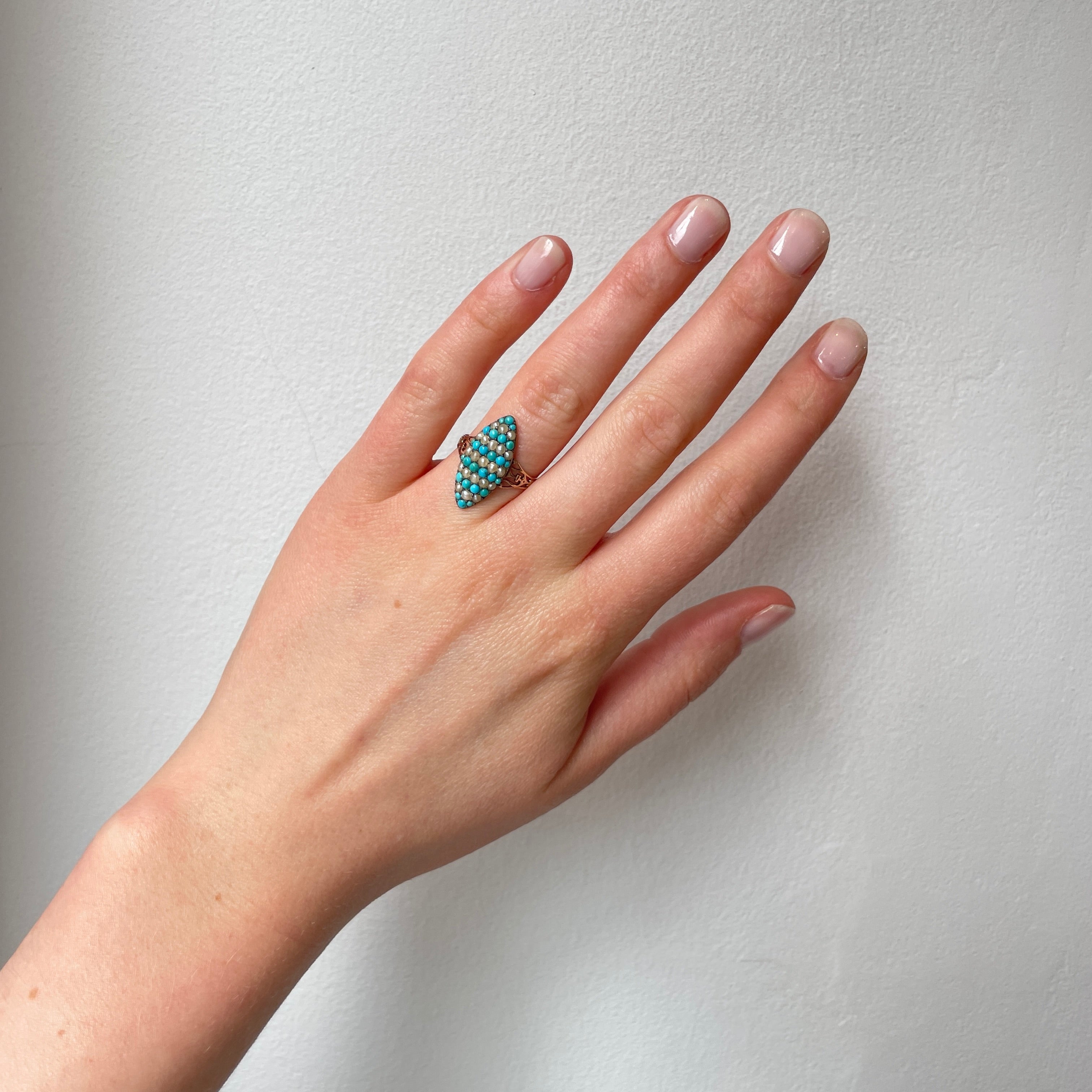 Victorian Pavé Turquoise and Natural Pearl Ring-Charlotte Sayers Antique Jewellery