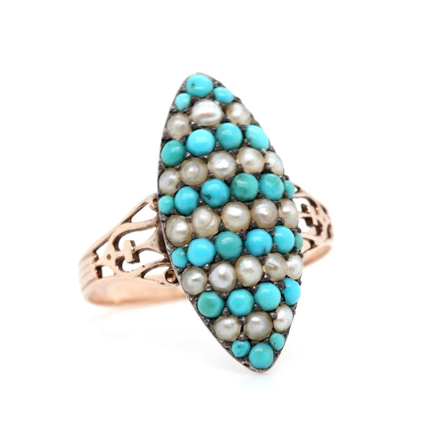 Victorian Pavé Turquoise and Natural Pearl Ring-Charlotte Sayers Antique Jewellery