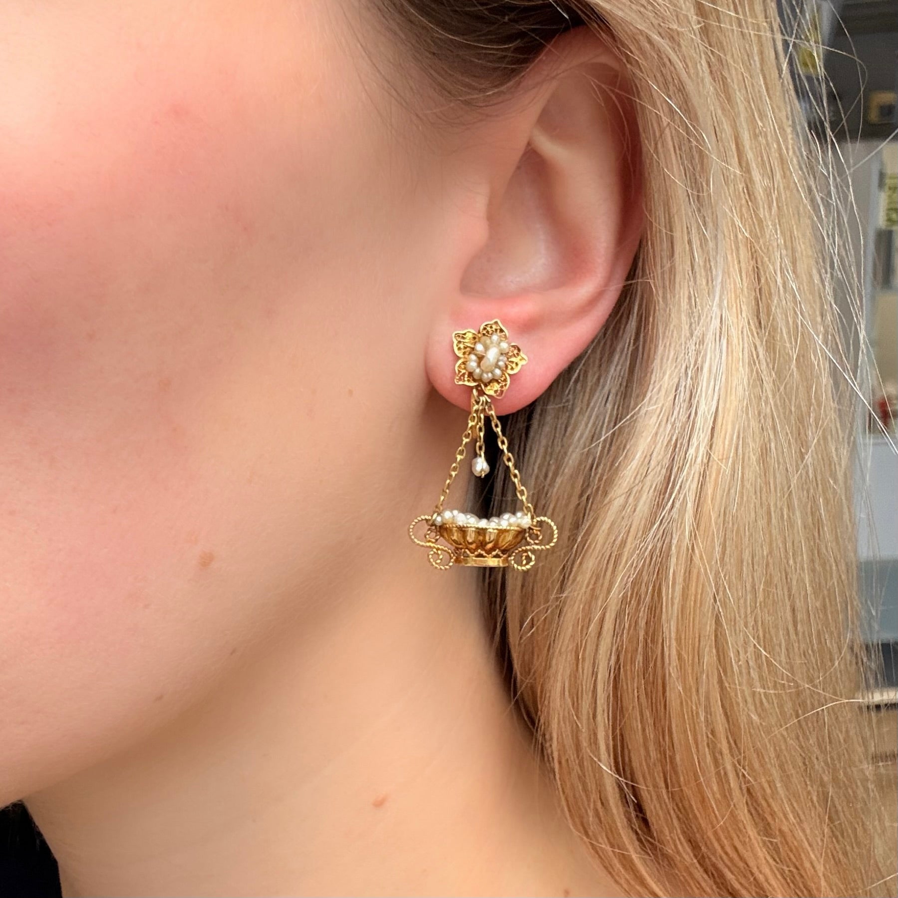 Victorian Pearl Basket Earrings-Charlotte Sayers Antique Jewellery