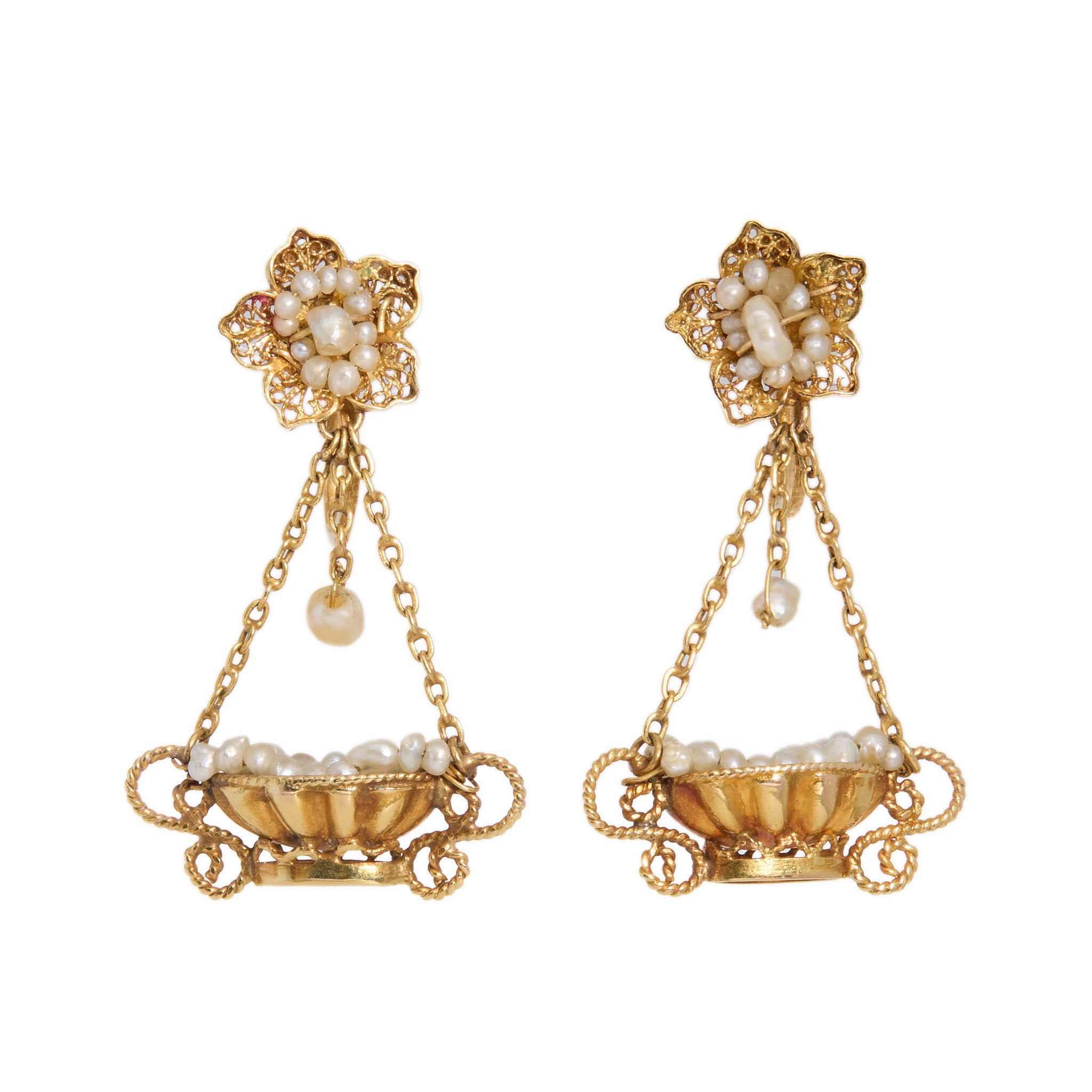 Victorian Pearl Basket Earrings-Charlotte Sayers Antique Jewellery