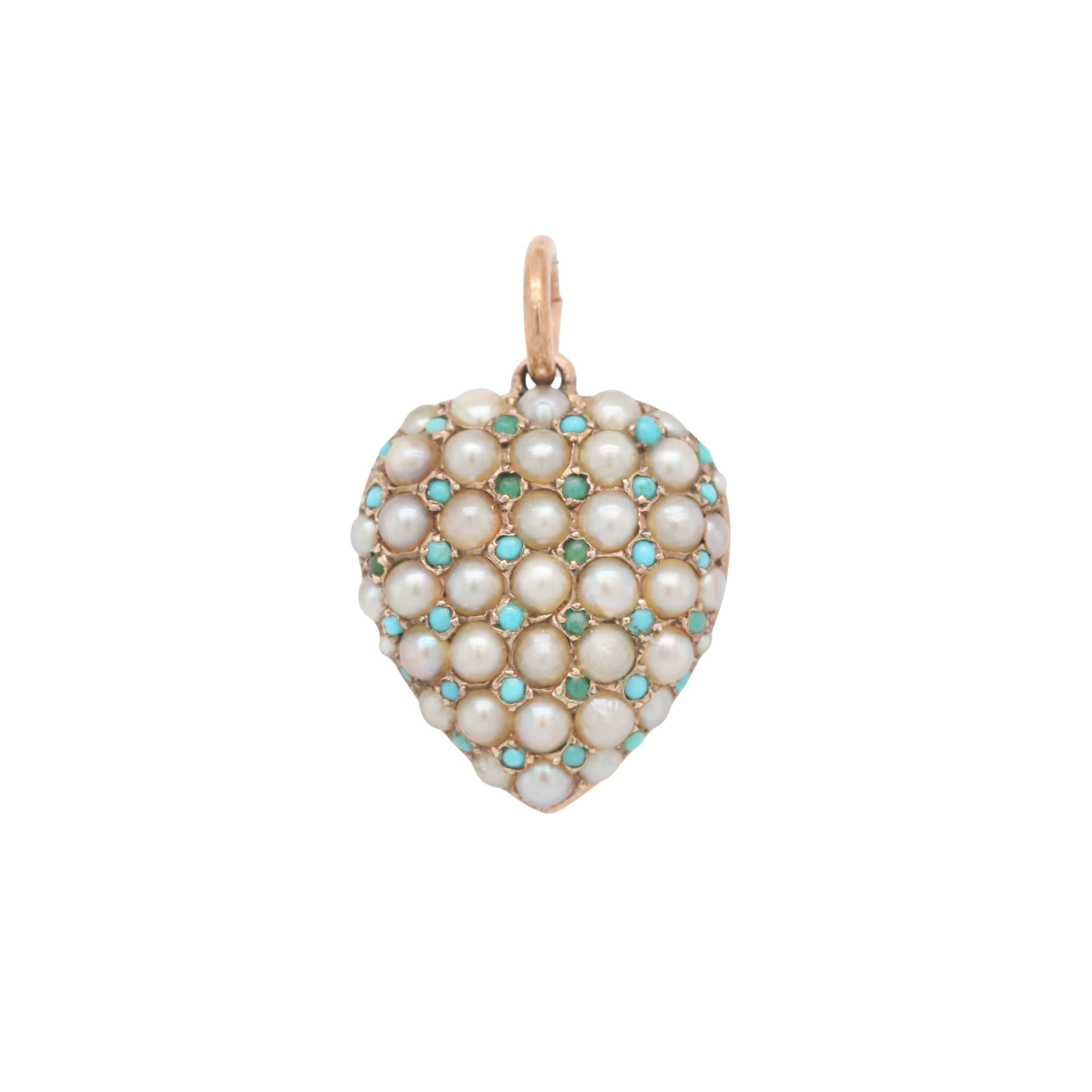 Victorian Pearl and Turquoise Heart Locket Pendant-Charlotte Sayers Antique Jewellery