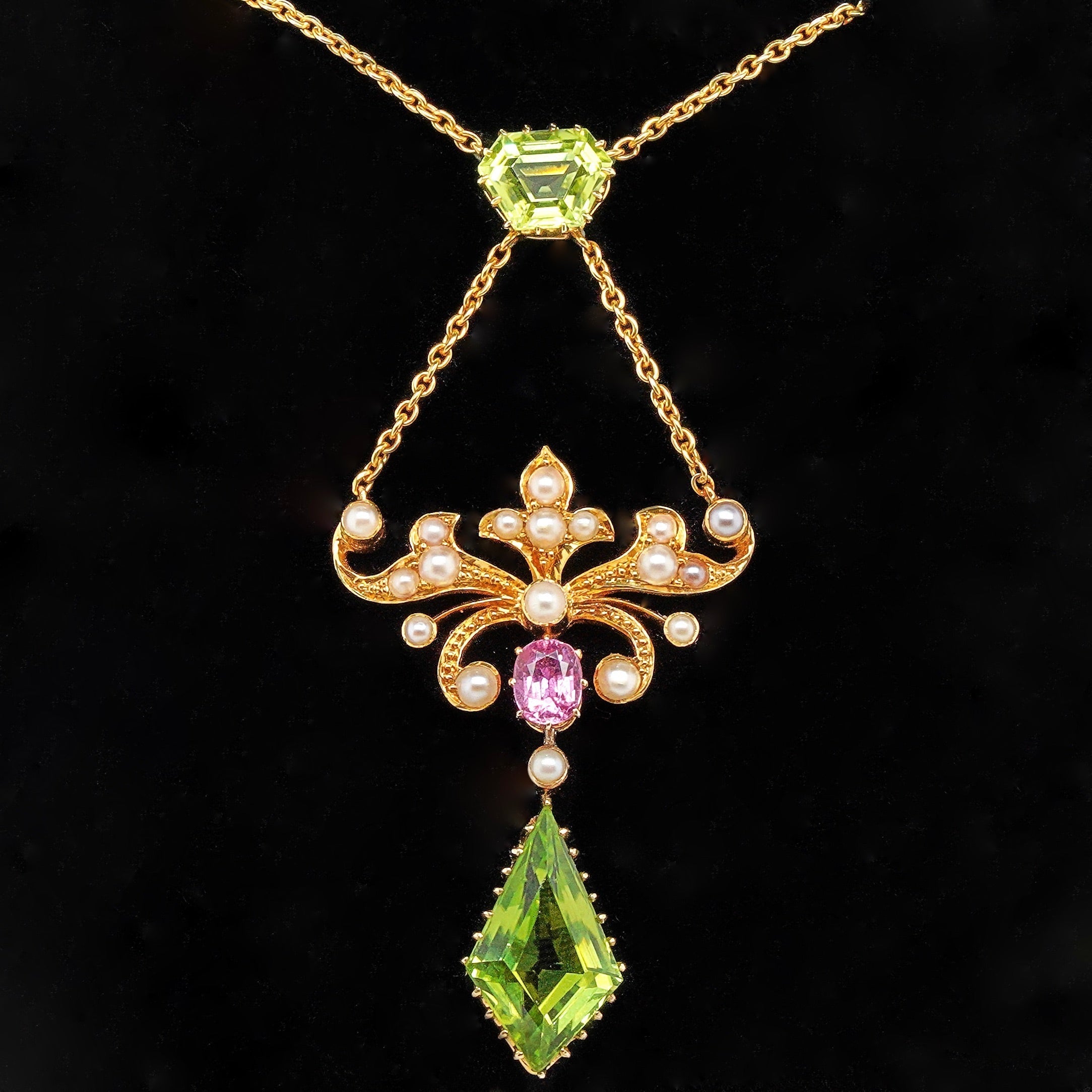 Victorian Peridot, Tourmaline and Pearl Pendant-Charlotte Sayers Antique Jewellery