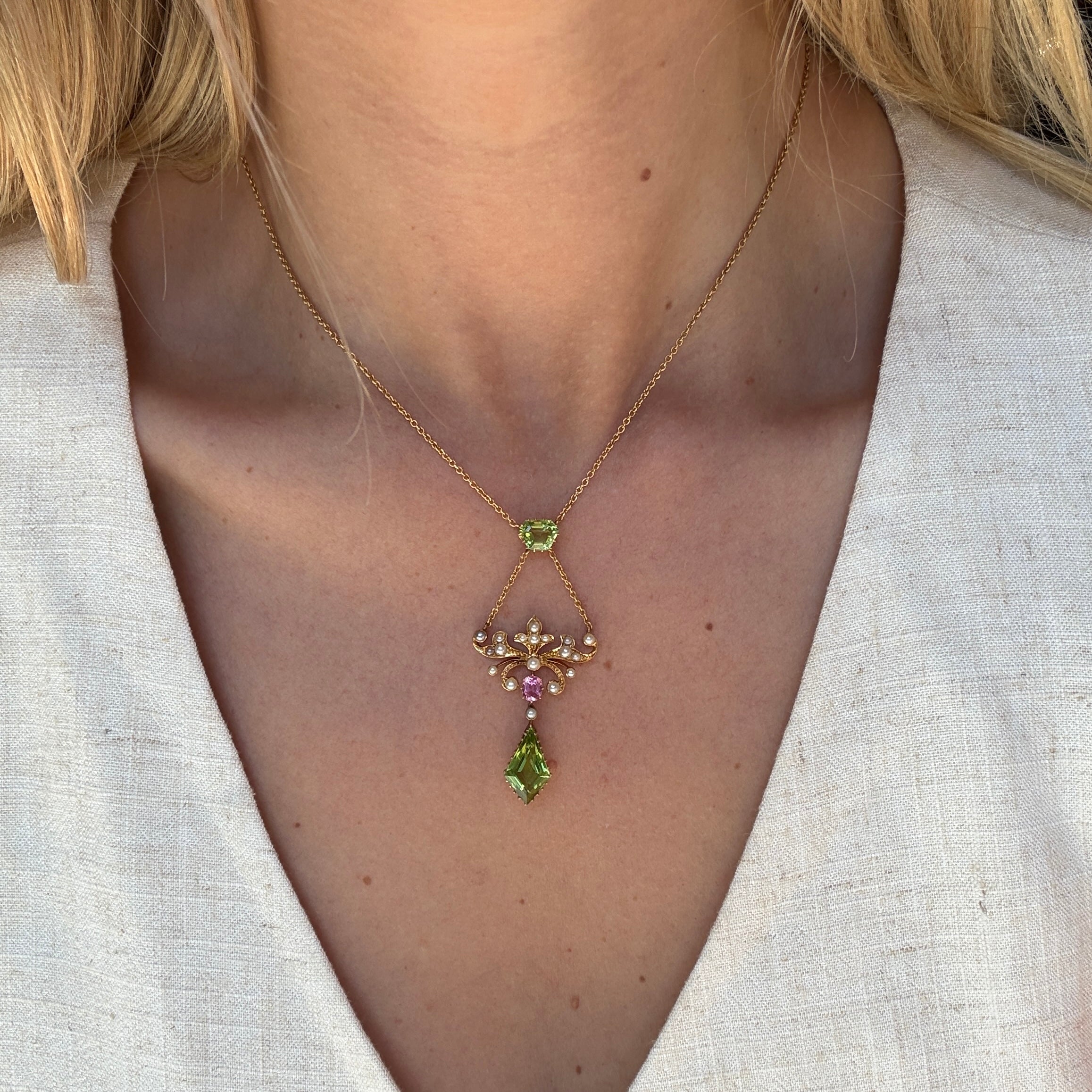 Victorian Peridot, Tourmaline and Pearl Pendant-Charlotte Sayers Antique Jewellery