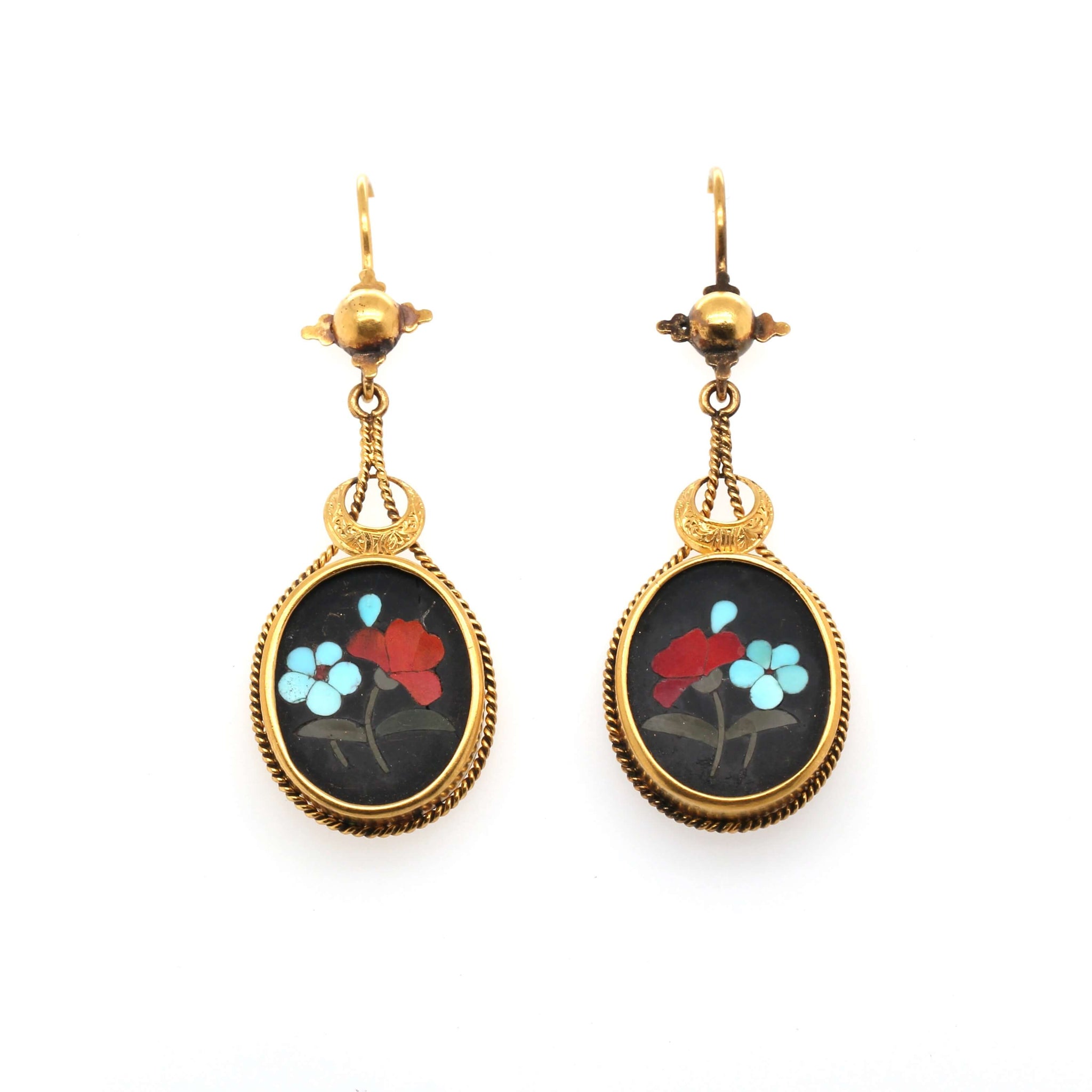 Victorian Pietra Dura Flower Earrings-Charlotte Sayers Antique Jewellery