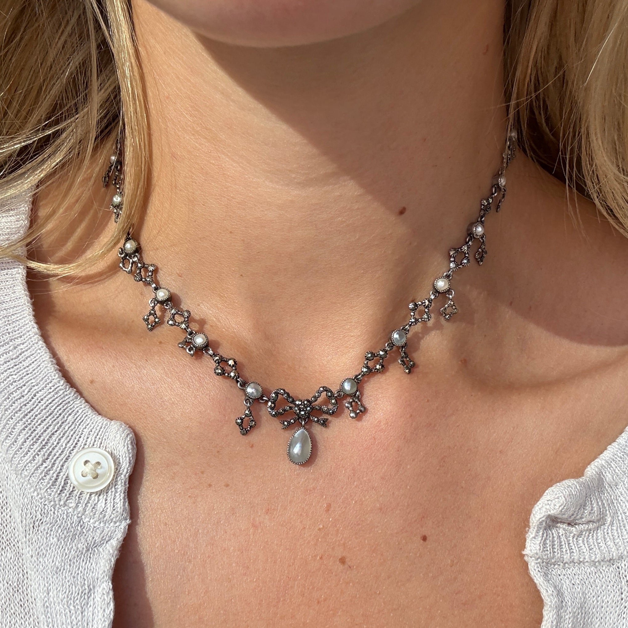Victorian Pyrite & Pearl Necklace-Charlotte Sayers Antique Jewellery