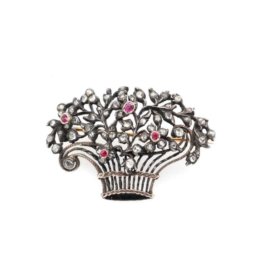 Victorian Ruby and Diamond Flower Basket Brooch-Charlotte Sayers Antique Jewellery