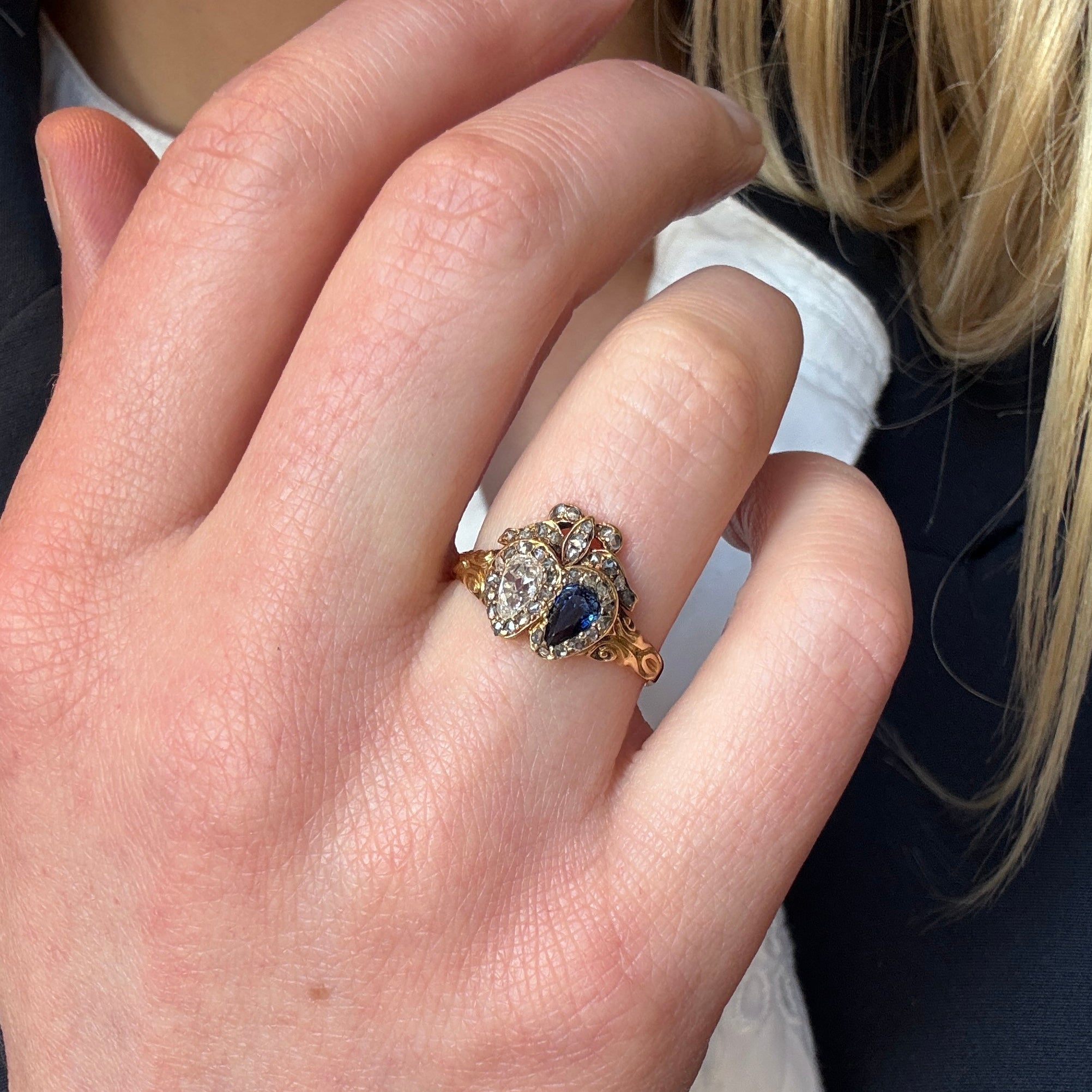 Victorian Sapphire & Diamond Double Heart Bow Ring-Charlotte Sayers Antique Jewellery