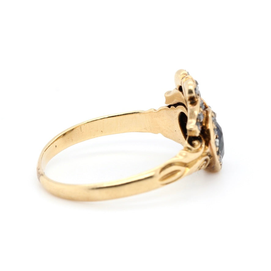 Victorian Sapphire & Diamond Double Heart Bow Ring-Charlotte Sayers Antique Jewellery