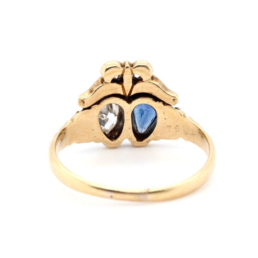 Victorian Sapphire & Diamond Double Heart Bow Ring-Charlotte Sayers Antique Jewellery