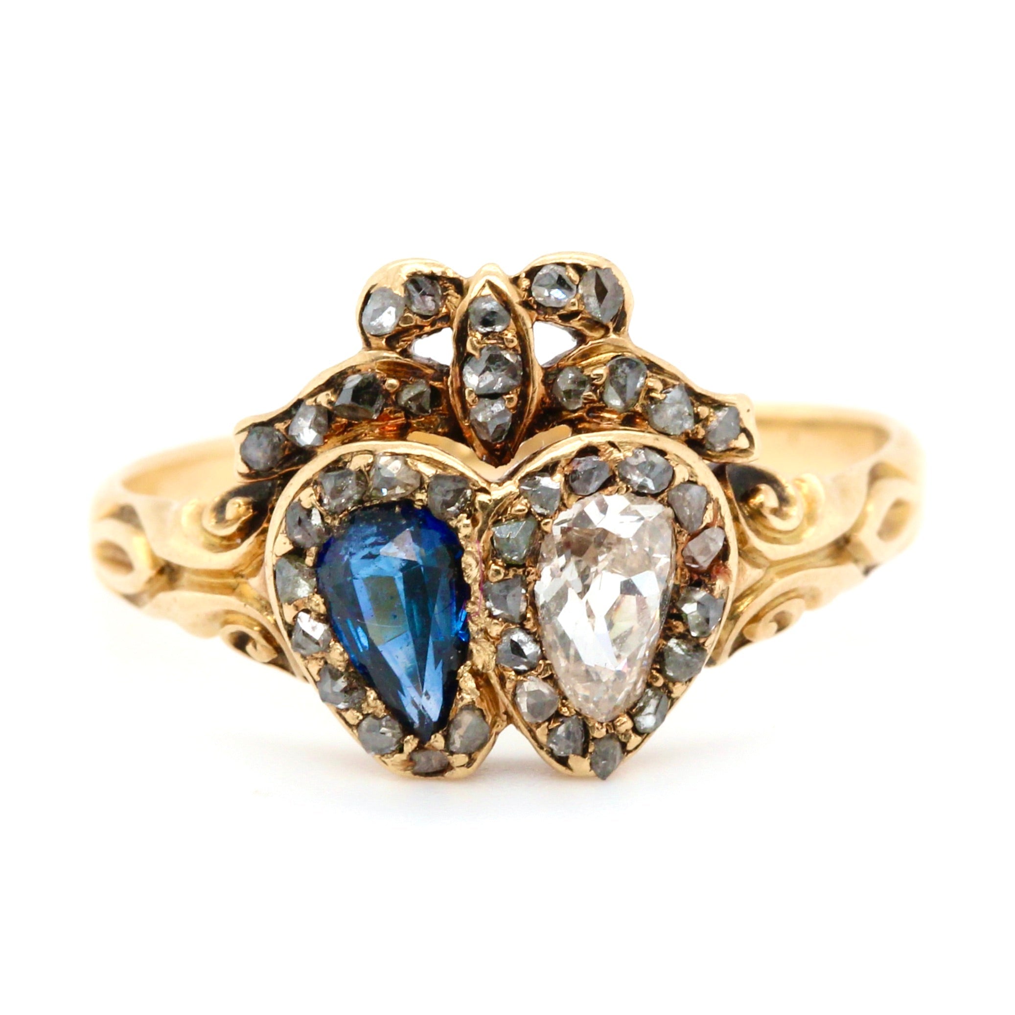 Victorian Sapphire & Diamond Double Heart Bow Ring-Charlotte Sayers Antique Jewellery