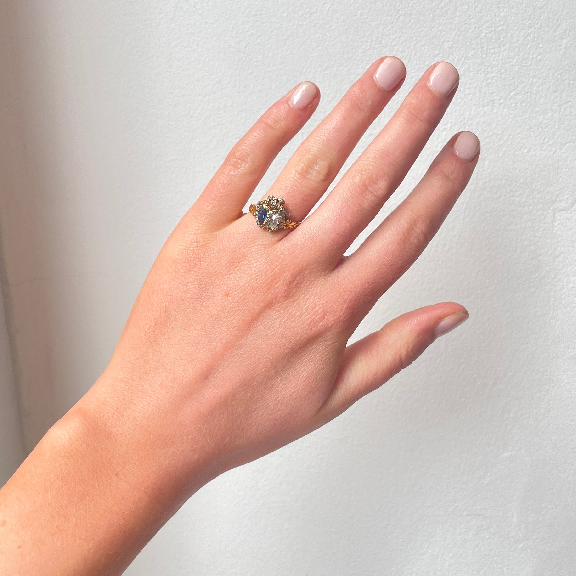 Victorian Sapphire & Diamond Double Heart Ring-Charlotte Sayers Antique Jewellery