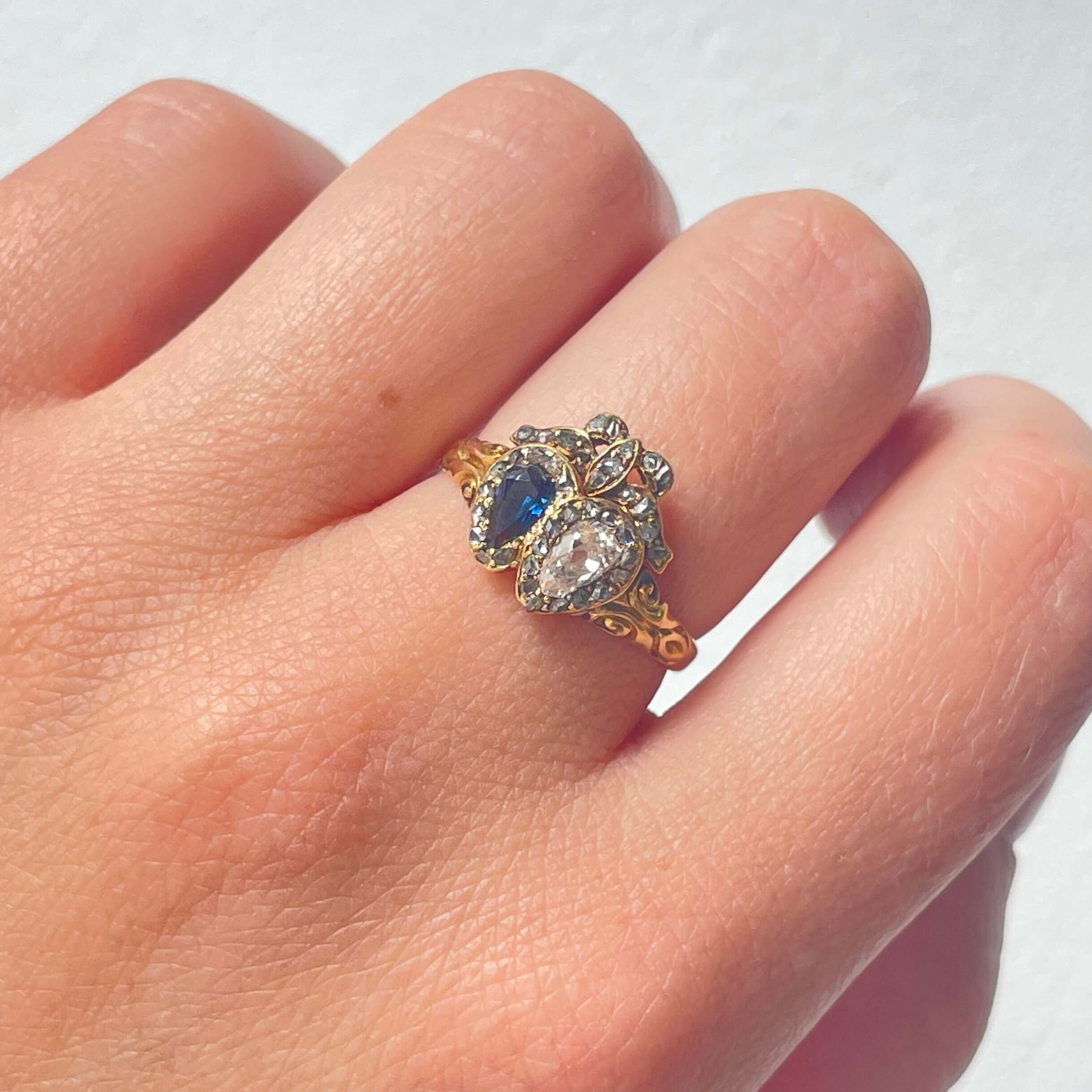 Victorian Sapphire & Diamond Double Heart Ring-Charlotte Sayers Antique Jewellery