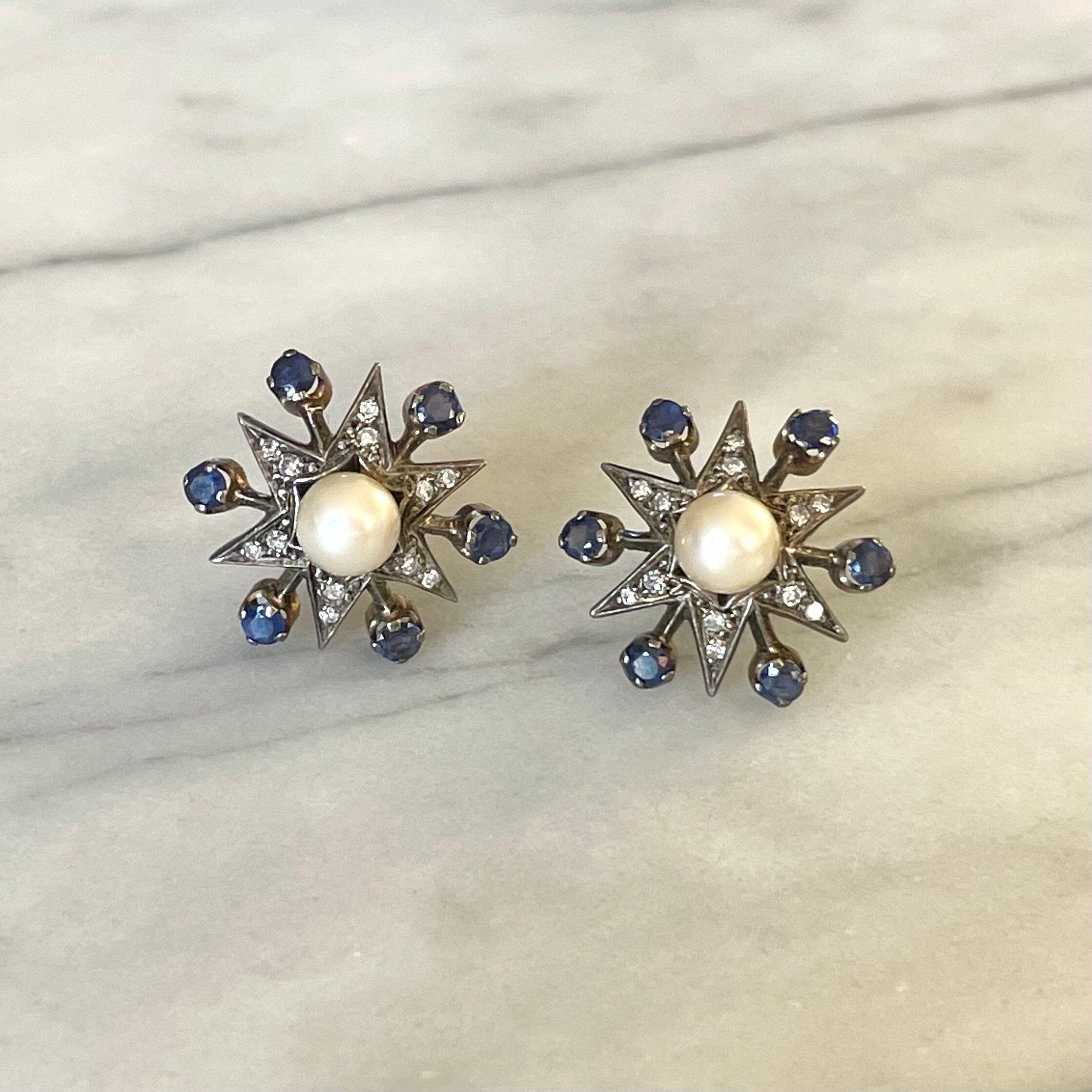 Victorian Sapphire, Pearl and Diamond Star Earrings-Charlotte Sayers Antique Jewellery