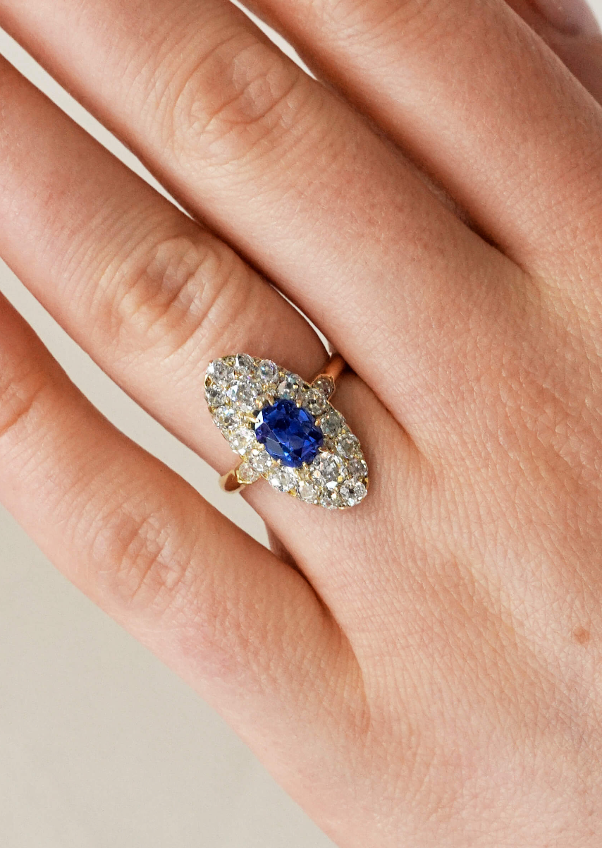 Victorian Sapphire and Diamond Marquise Ring-Charlotte Sayers Antique Jewellery