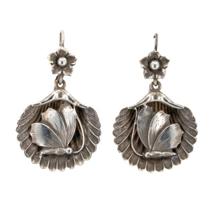 Victorian Silver Butterfly Shell Earrings-Charlotte Sayers Antique Jewellery