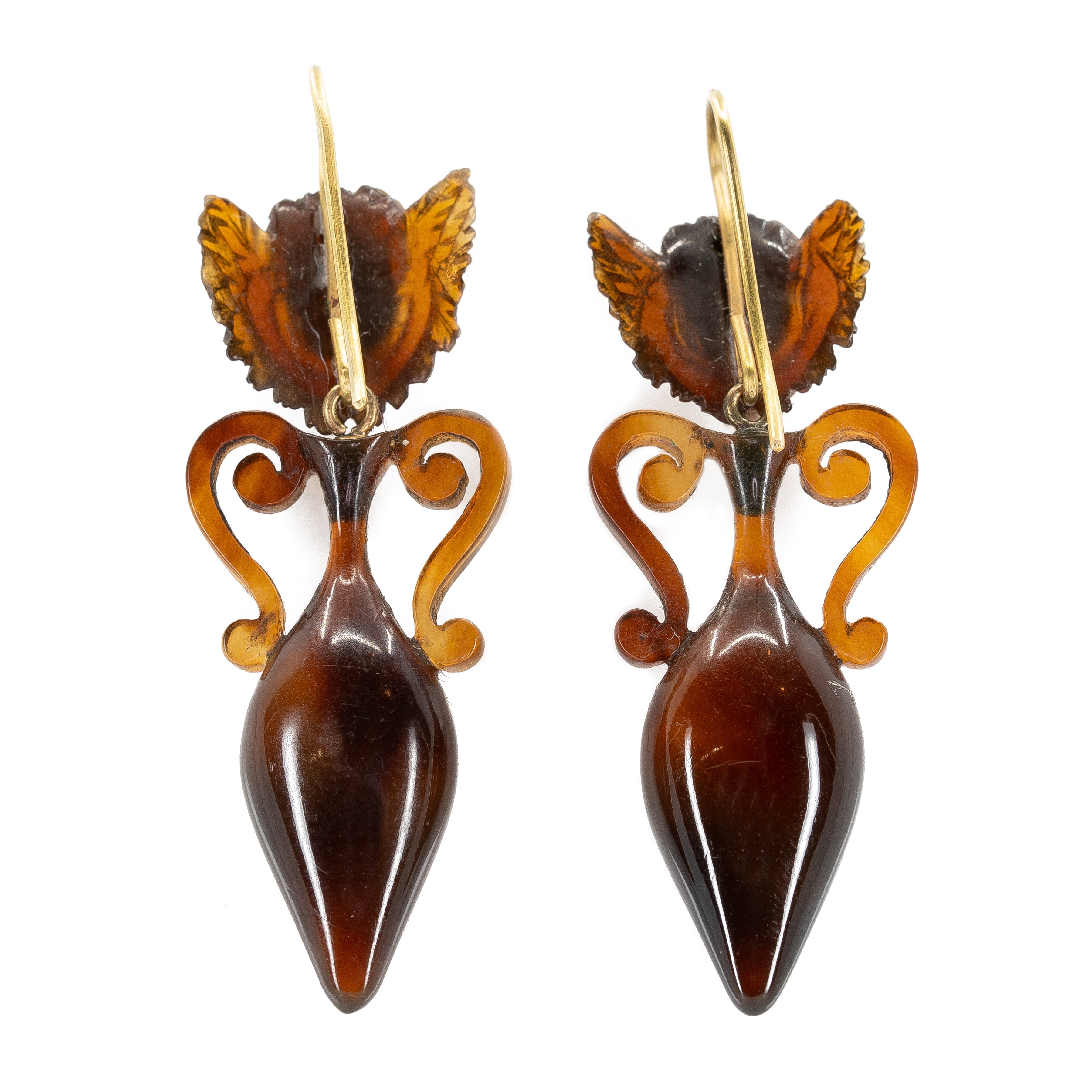 Victorian Tortoiseshell Cupid and Urn Earrings-Charlotte Sayers Antique Jewellery