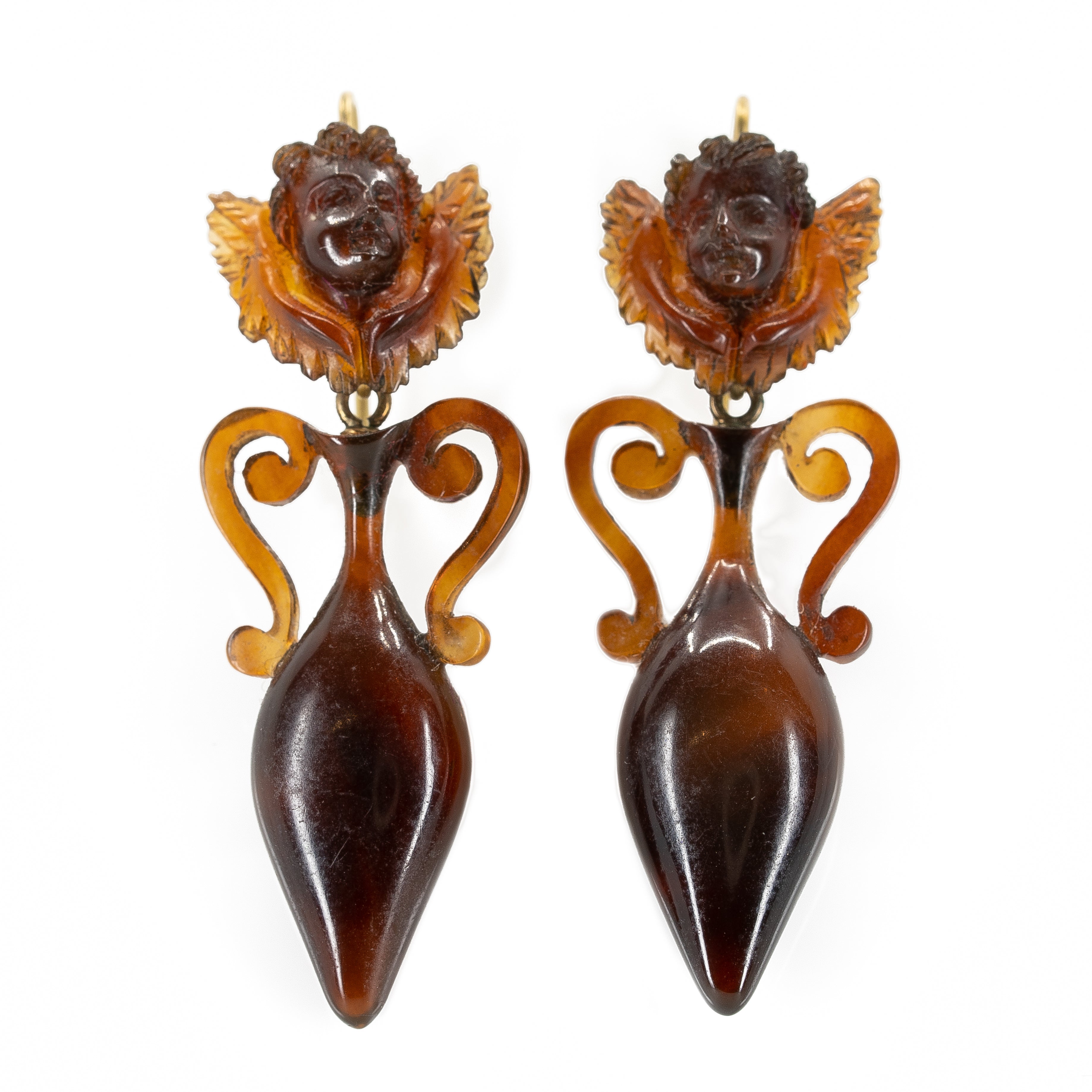 Victorian Tortoiseshell Cupid and Urn Earrings-Charlotte Sayers Antique Jewellery