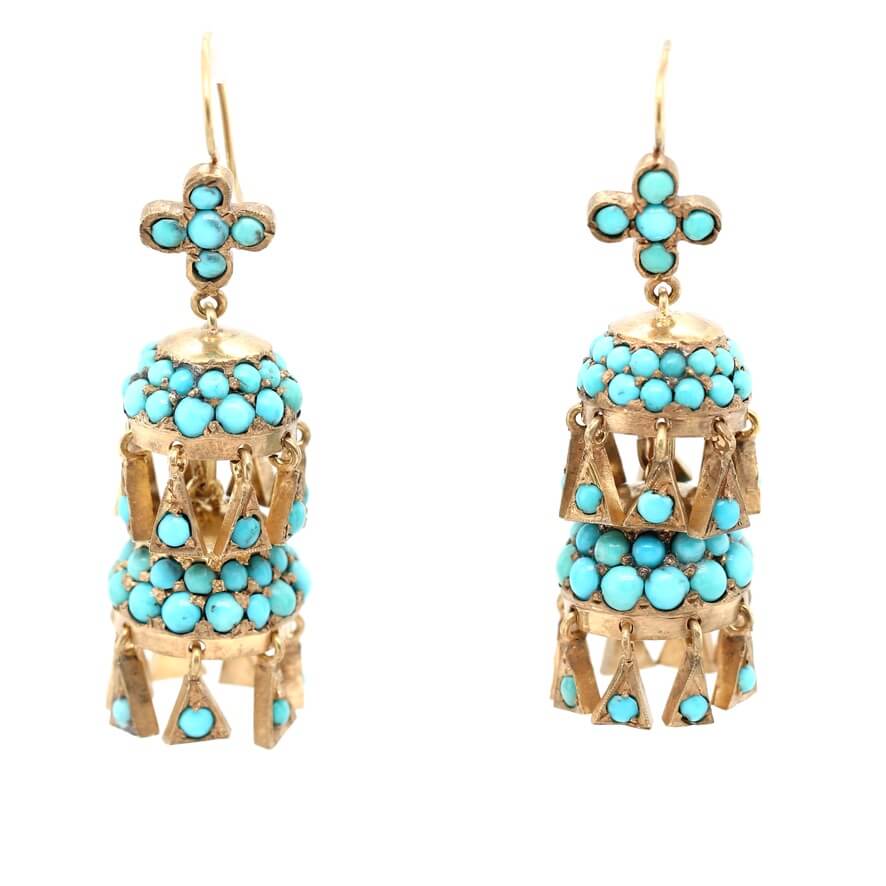 Victorian Turquoise Bell Drop Earrings-Charlotte Sayers Antique Jewellery