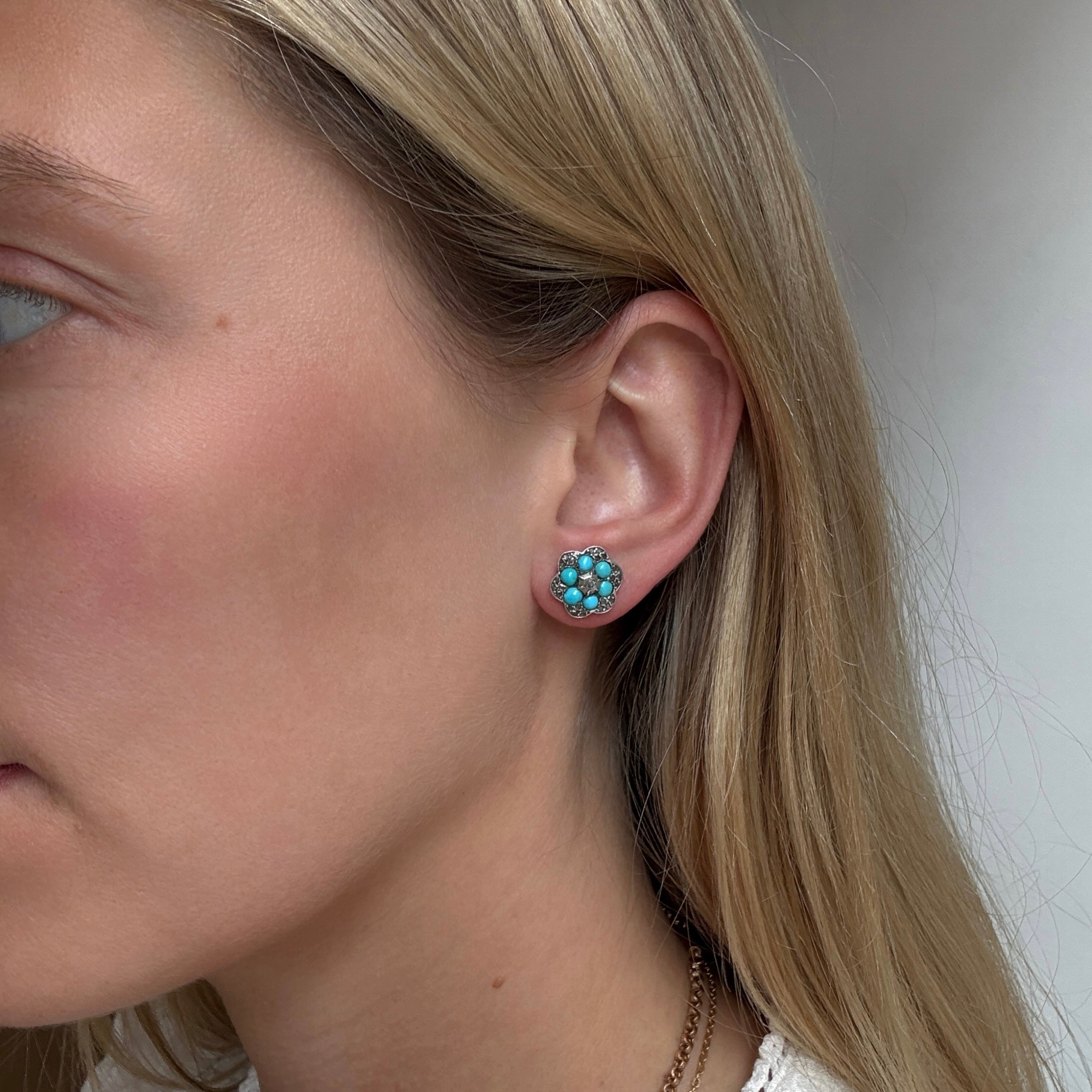Victorian Turquoise Flower Earrings-Charlotte Sayers Antique Jewellery