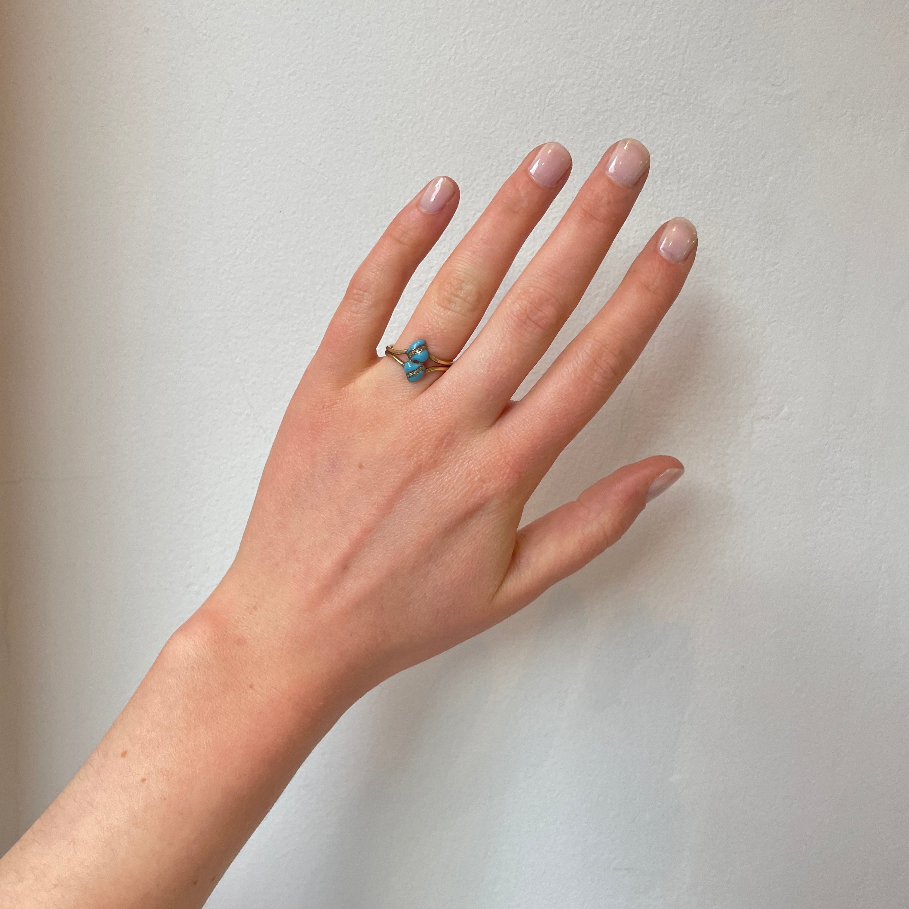 Victorian Turquoise and Diamond Double Heart Ring-Charlotte Sayers Antique Jewellery