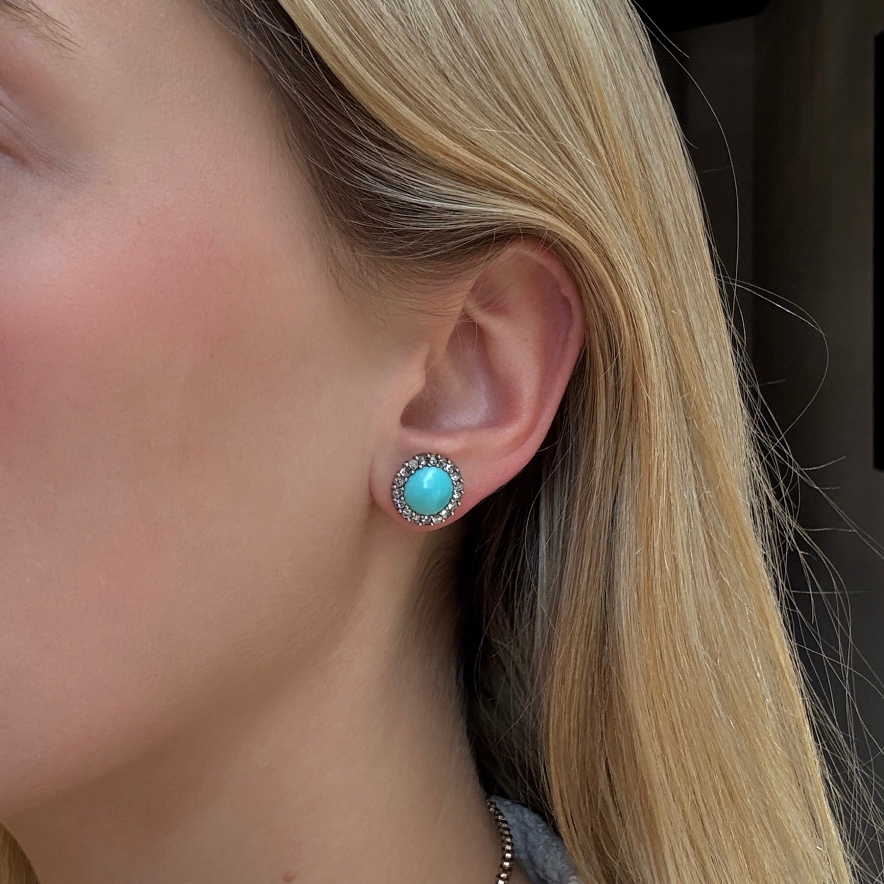 Victorian Turquoise and Diamond Stud Earrings-Charlotte Sayers Antique Jewellery