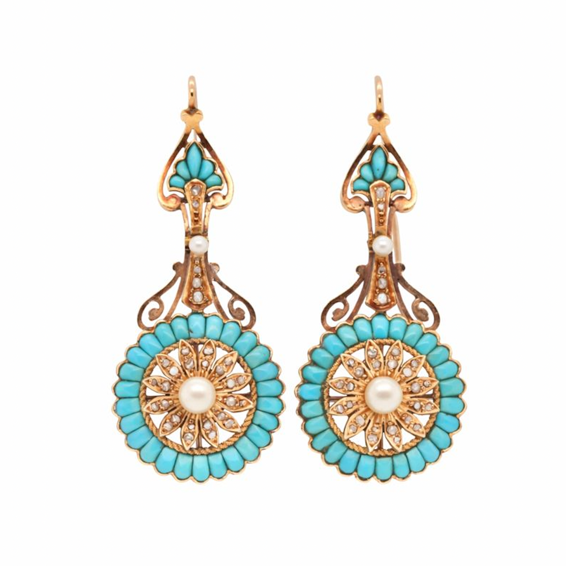 Victorian Turquoise and Pearl Drop Earrings-Charlotte Sayers Antique Jewellery