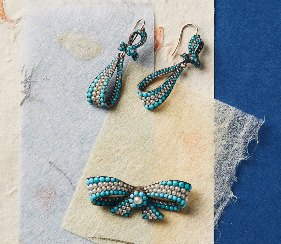 Victorian Turquoise and Pearl Earring and Brooch Suite-Charlotte Sayers Antique Jewellery