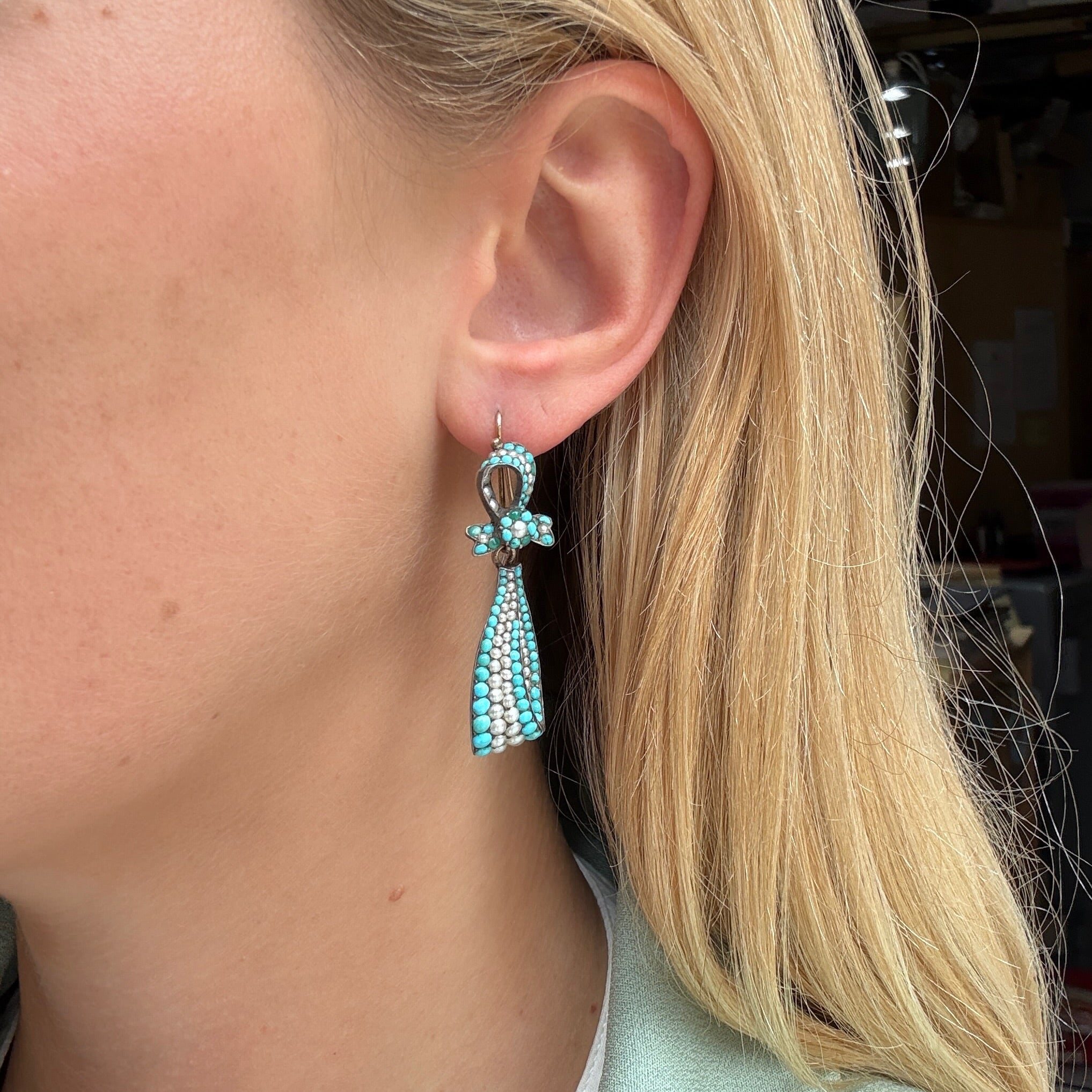 Victorian Turquoise and Pearl Earring and Brooch Suite-Charlotte Sayers Antique Jewellery