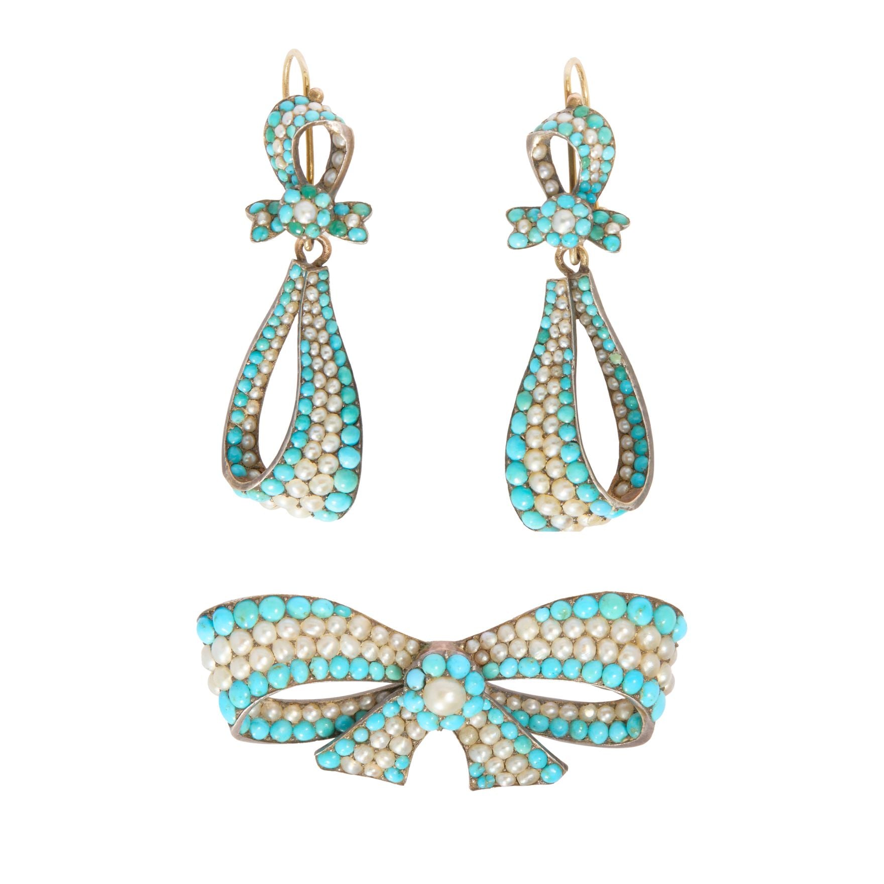 Victorian Turquoise and Pearl Earring and Brooch Suite-Charlotte Sayers Antique Jewellery