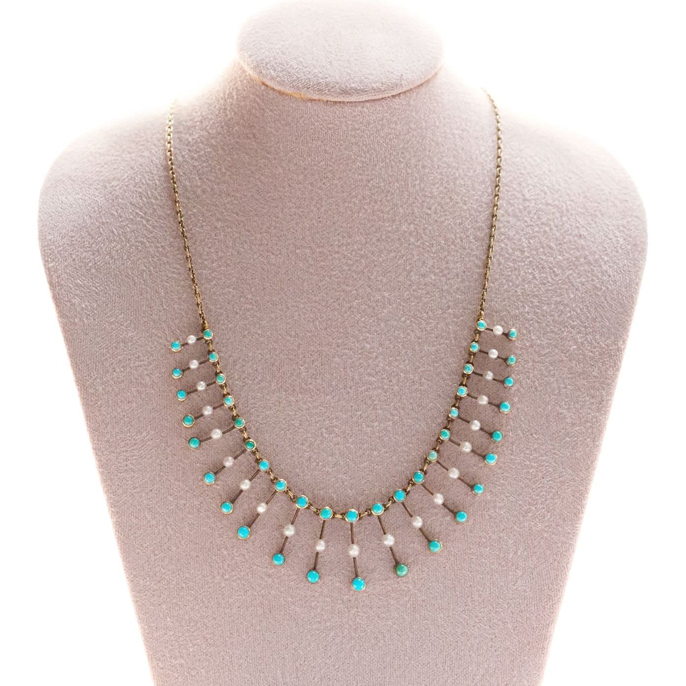 Victorian Turquoise and Pearl Fringe Necklace-Charlotte Sayers Antique Jewellery