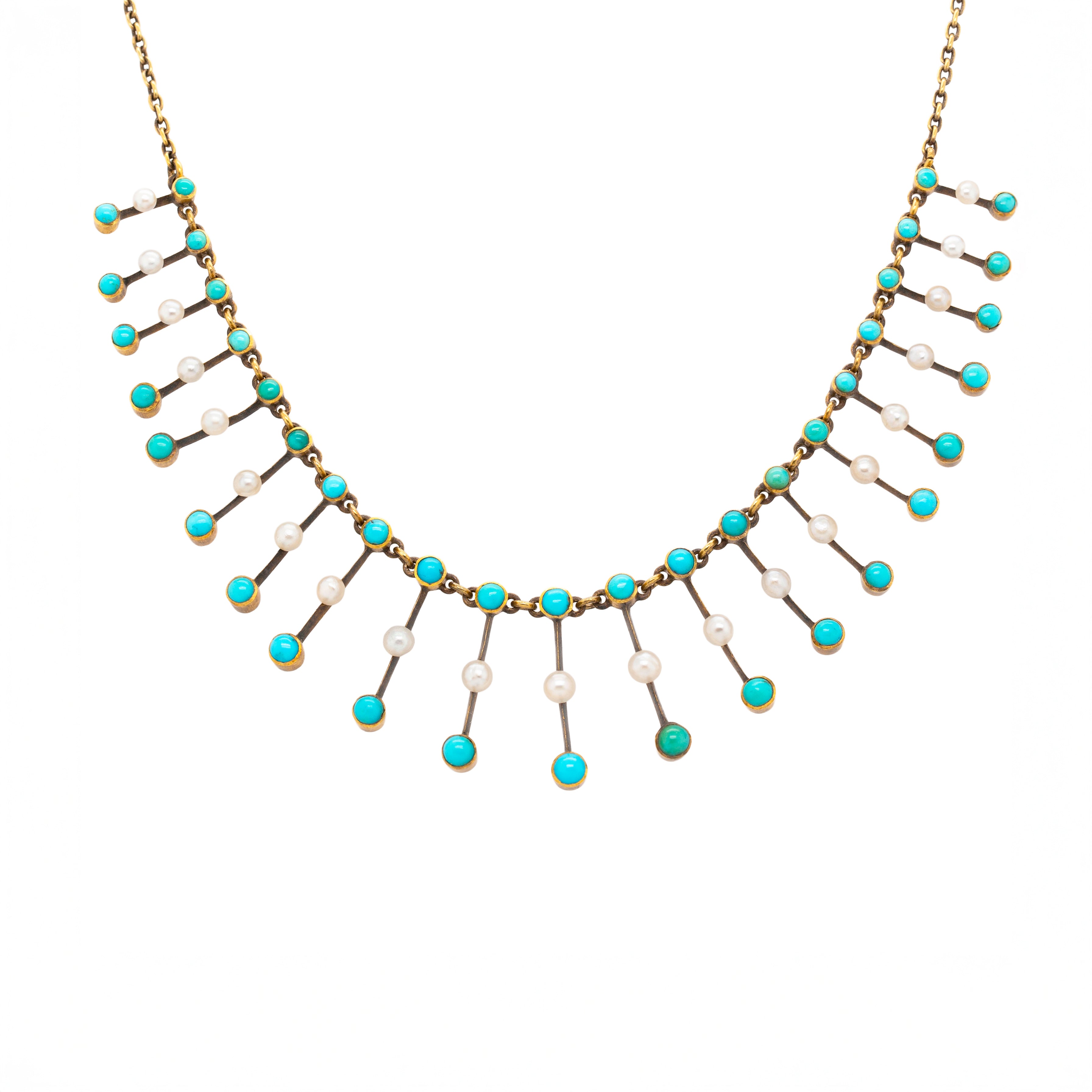 Victorian Turquoise and Pearl Fringe Necklace-Charlotte Sayers Antique Jewellery