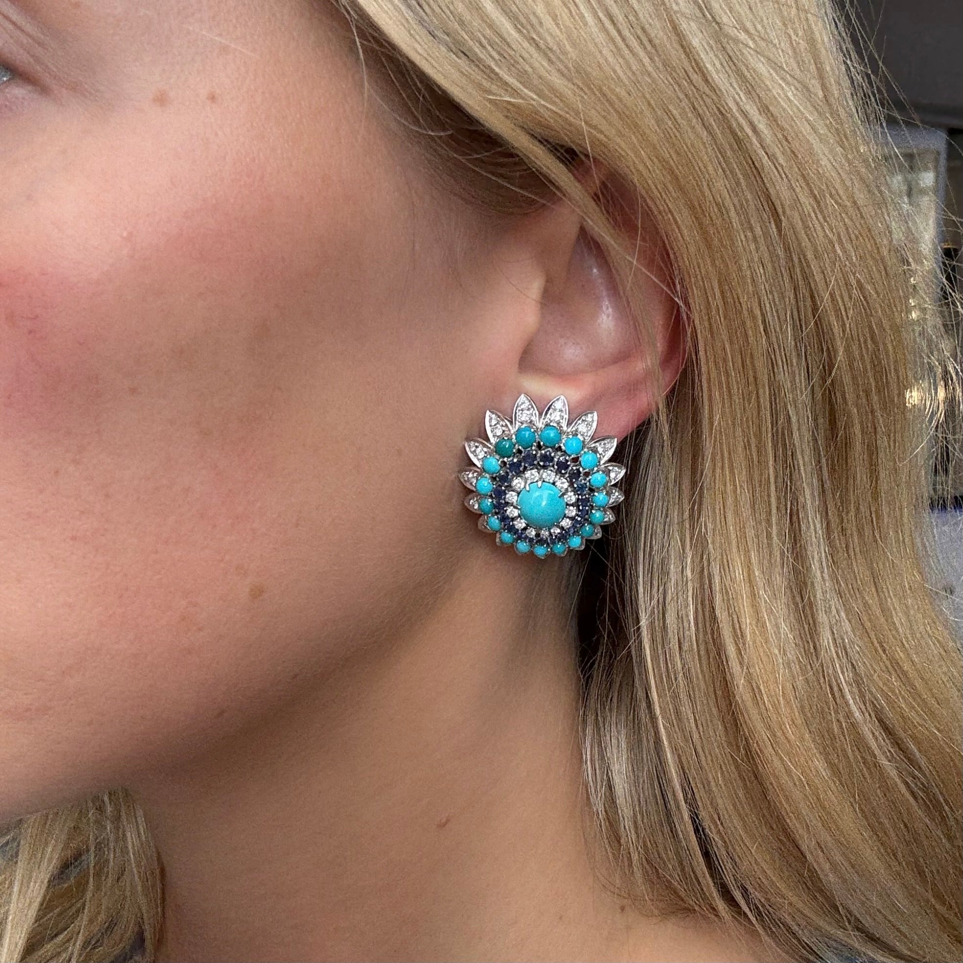 Vintage Turquoise, Diamond and Sapphire Earrings-Charlotte Sayers Antique Jewellery