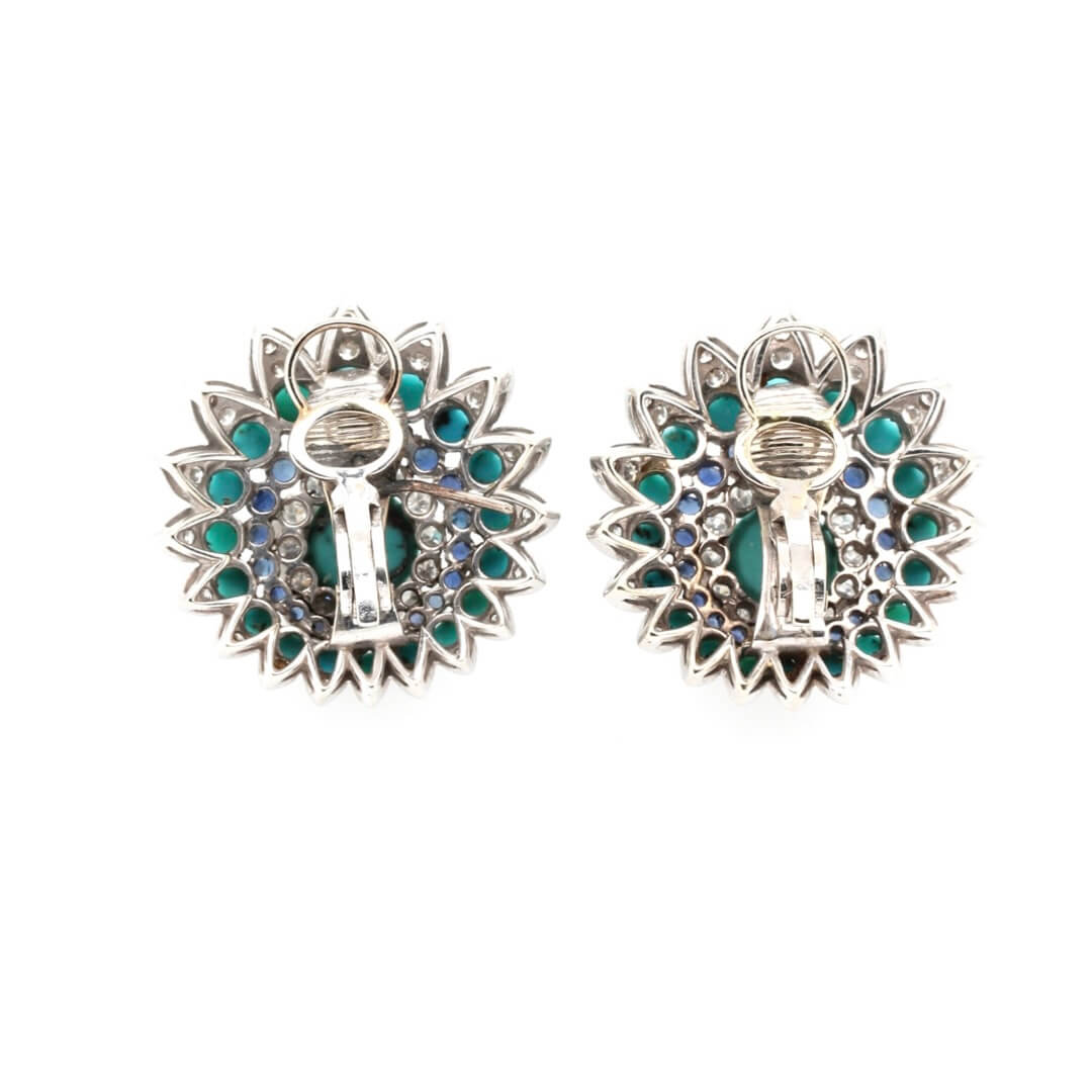 Vintage Turquoise, Diamond and Sapphire Earrings-Charlotte Sayers Antique Jewellery