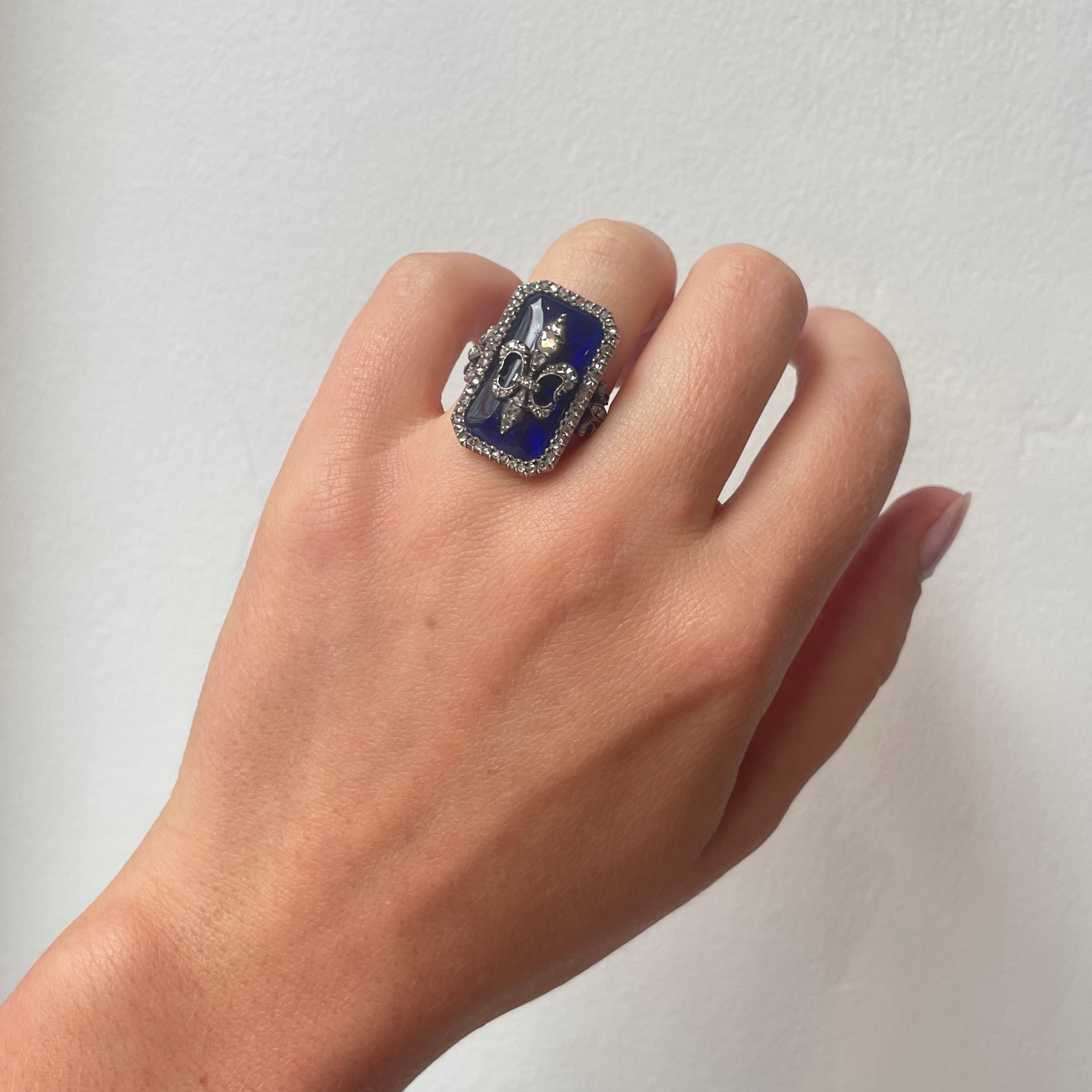 Nineteenth Century French Blue Glass and Diamond Fleur De Lys Ring