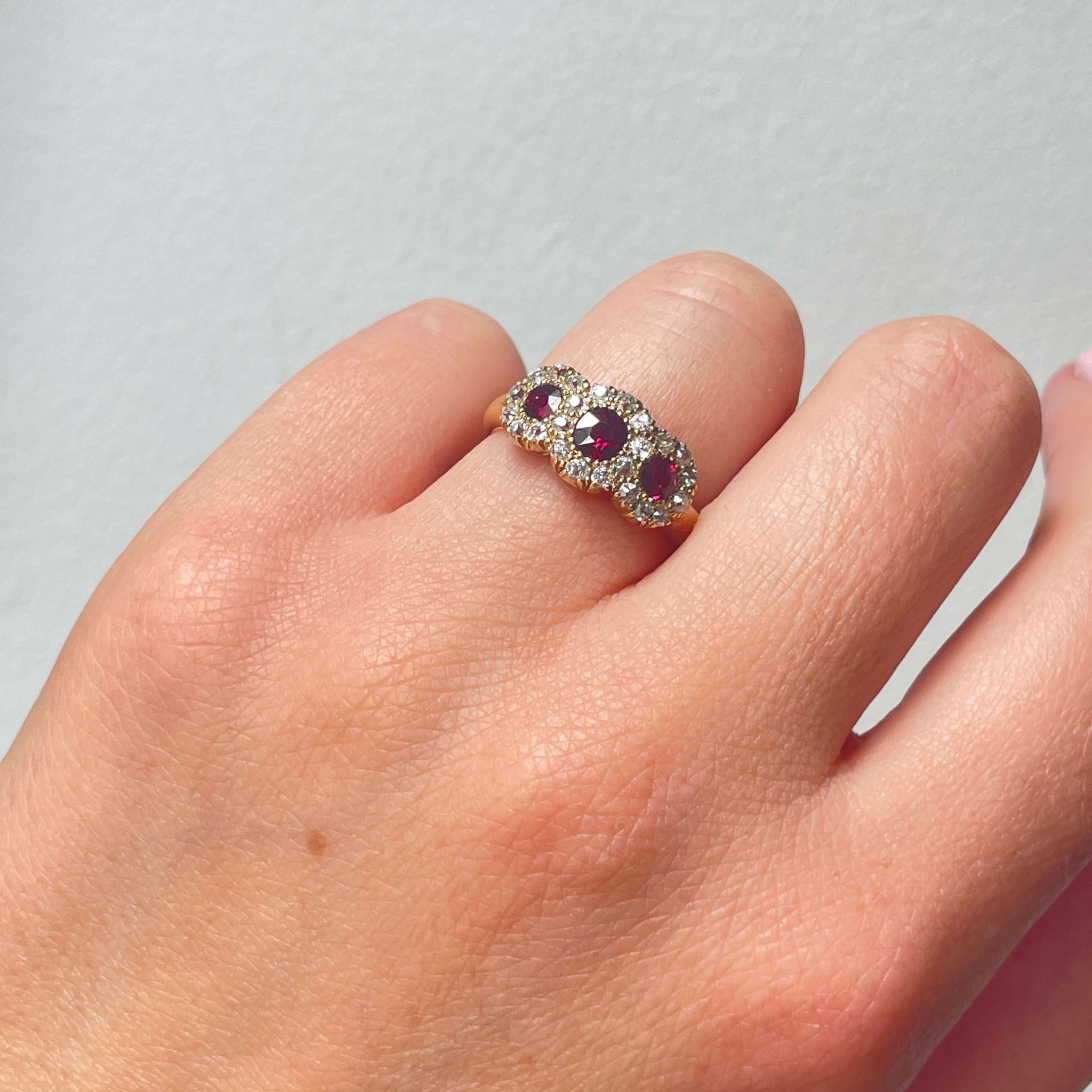 Victorian Old Cut Diamond Ruby Triple Cluster Ring
