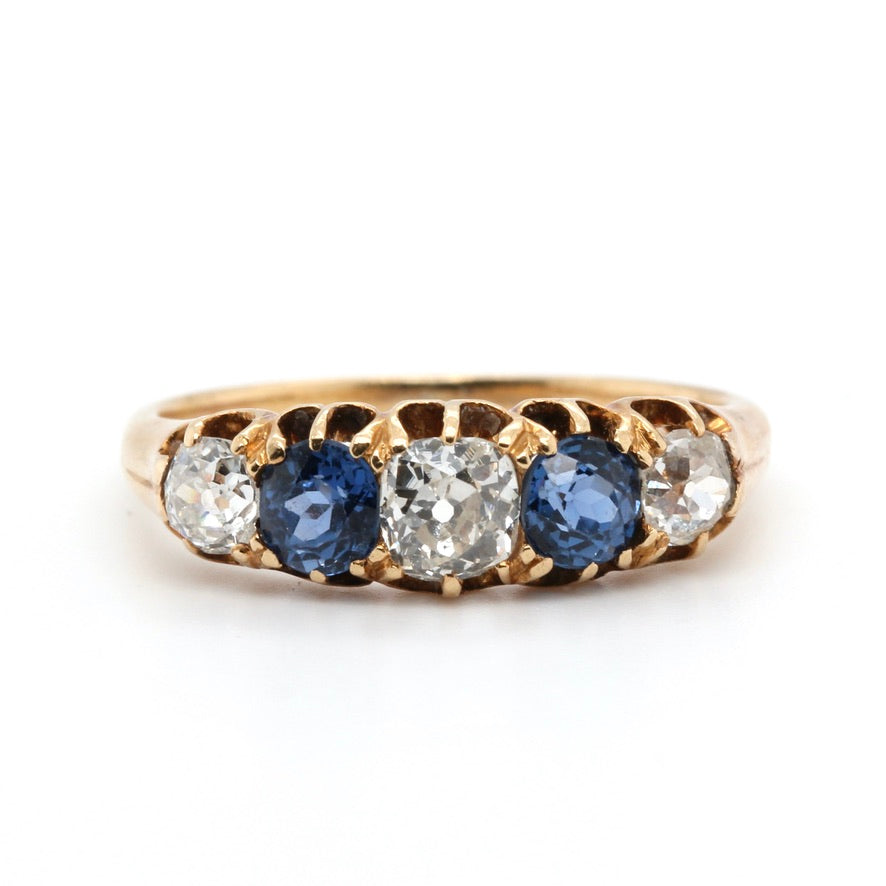 Victorian Ceylon Sapphire and Diamond Five Stone Ring