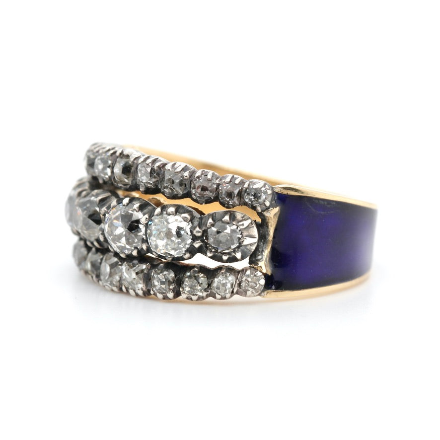 Georgian 3 Row Diamond and Blue Enamel Ring