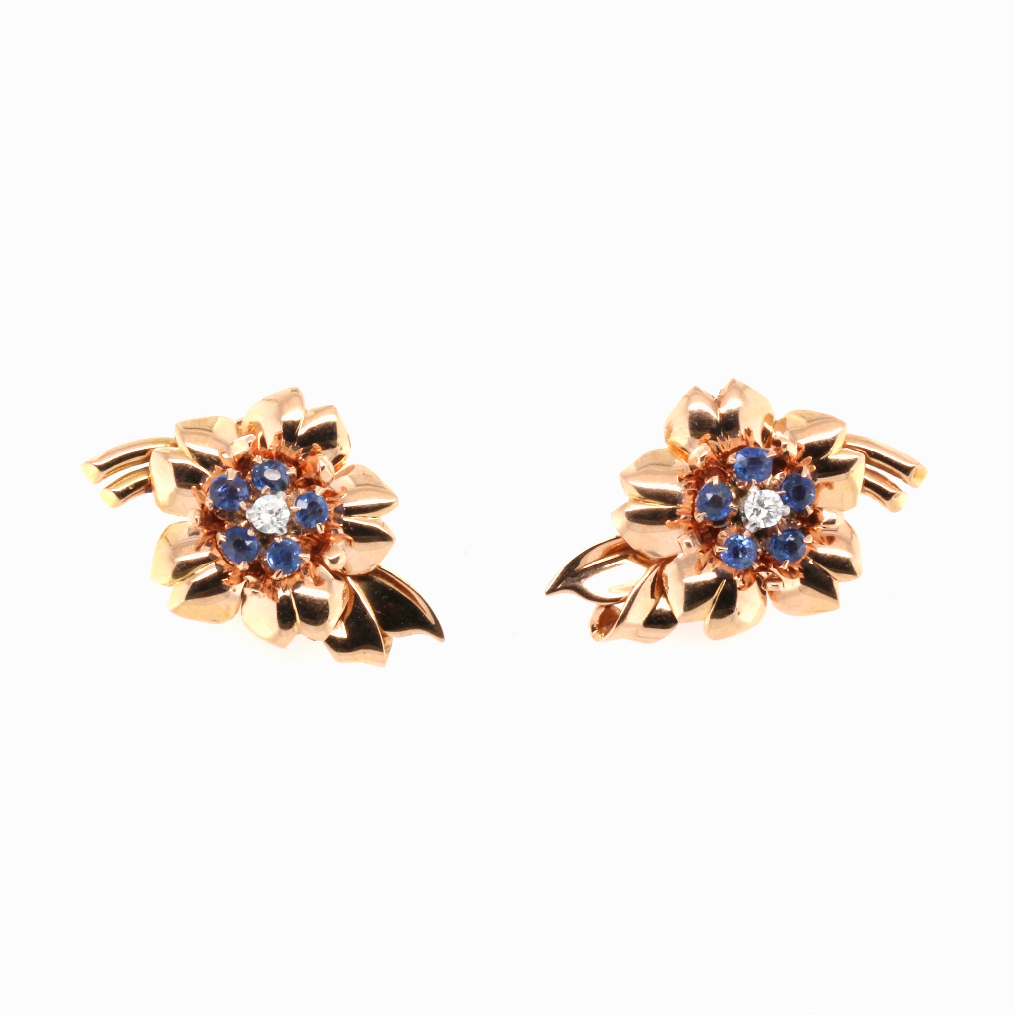 1940s Sapphire and Diamond Flower Earrings
