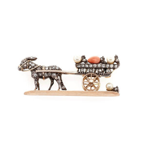 Victorian Donkey and Cart Diamond and Pearl Brooch