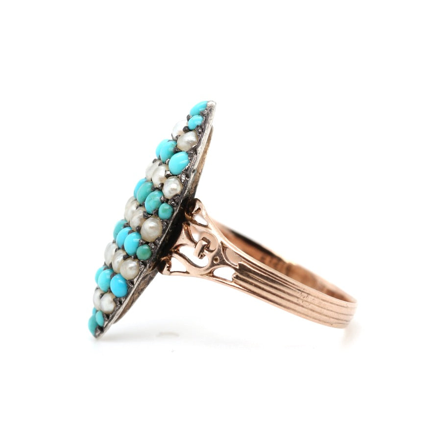 Victorian Pavé Turquoise and Natural Pearl Ring