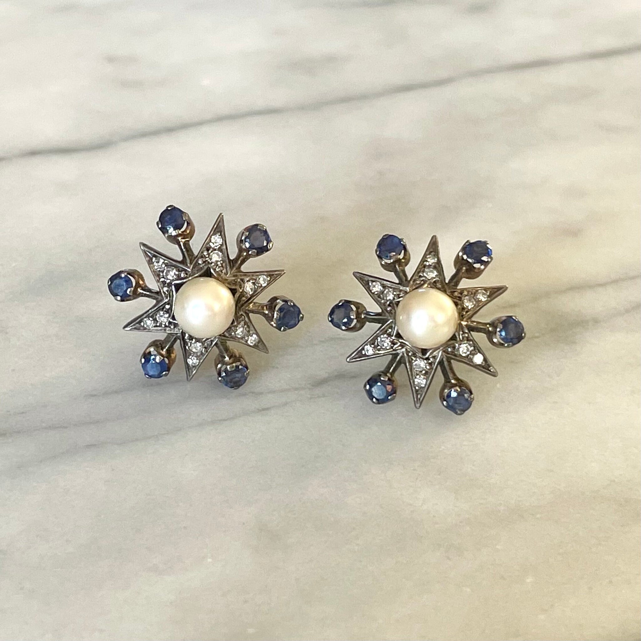 Victorian Sapphire, Pearl and Diamond Star Earrings