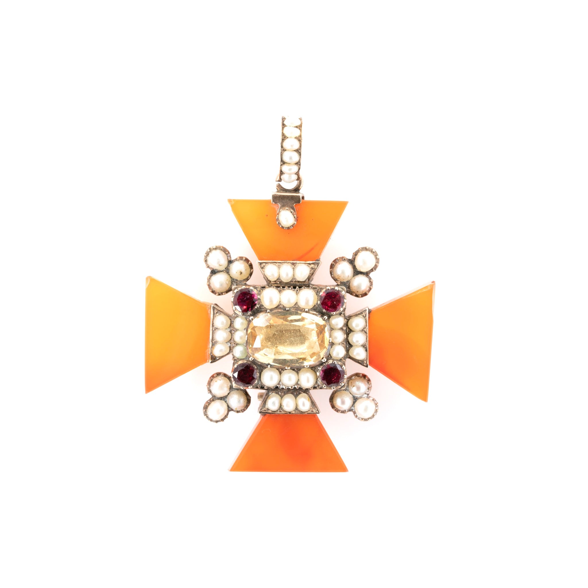 Georgian Carnelian, Pearl, Garnet and Topaz Maltese Cross Pendant