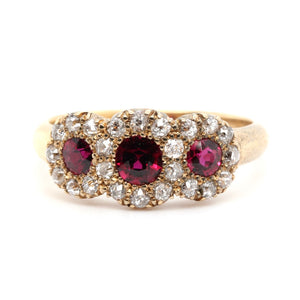 Victorian Old Cut Diamond Ruby Triple Cluster Ring