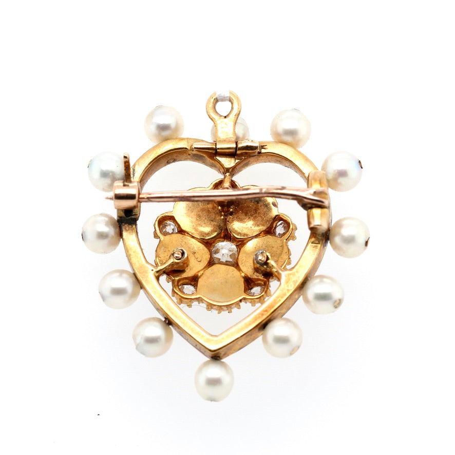 Victorian Green Enamel Diamond and Pearl Heart Brooch / Pendant