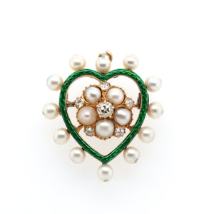 Victorian Green Enamel Diamond and Pearl Heart Brooch / Pendant